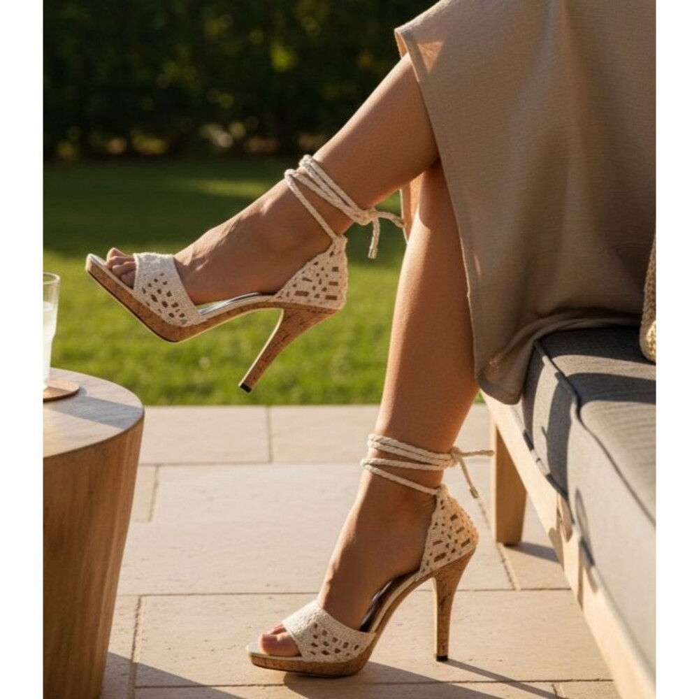 DESIGNER MICHAEL KORS IVORY CROCHET CORK HIGH HEELS STRAPPY SANDALS 8.M - Picture 2 of 14
